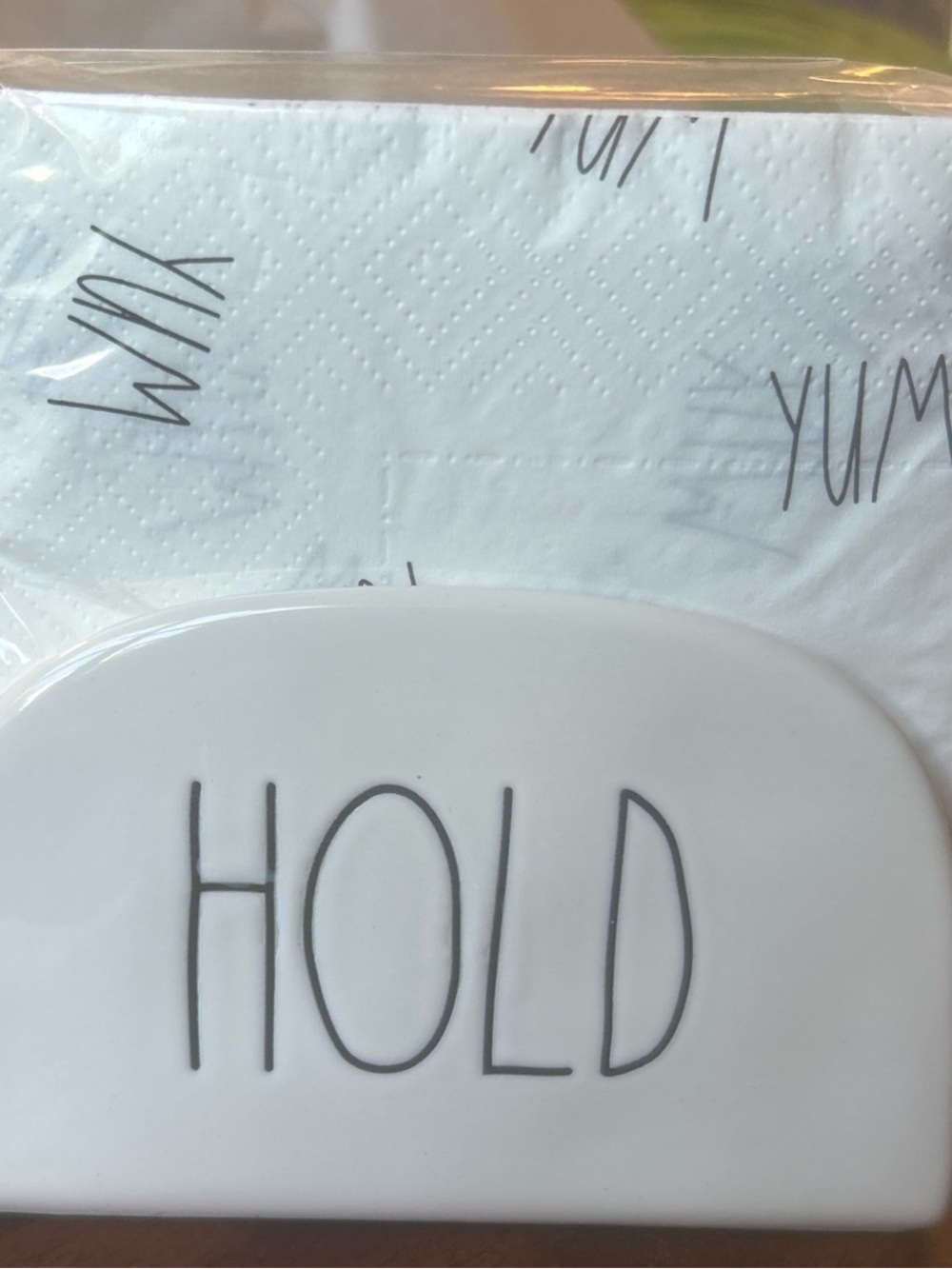 New Rae Dunn Ceramic Napkin /Mail “HOLD”Organizer Holder W/PKG of YUM Napkins